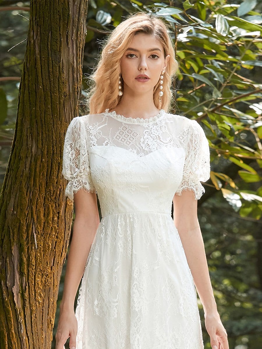 White Lace Midi Dress with Puff Sleeves Online